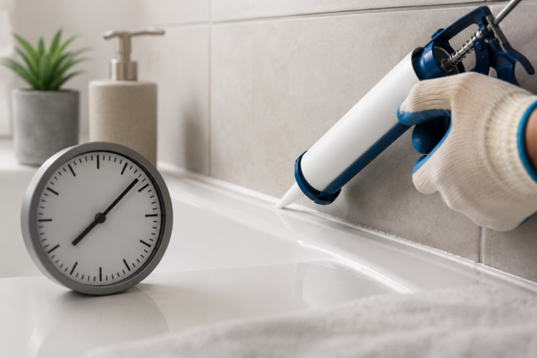 Nanášení bílého sanitárního silikonu kolem vany pomocí vytlačovací pistole s hodinami znázorňujícími dobu schnutí