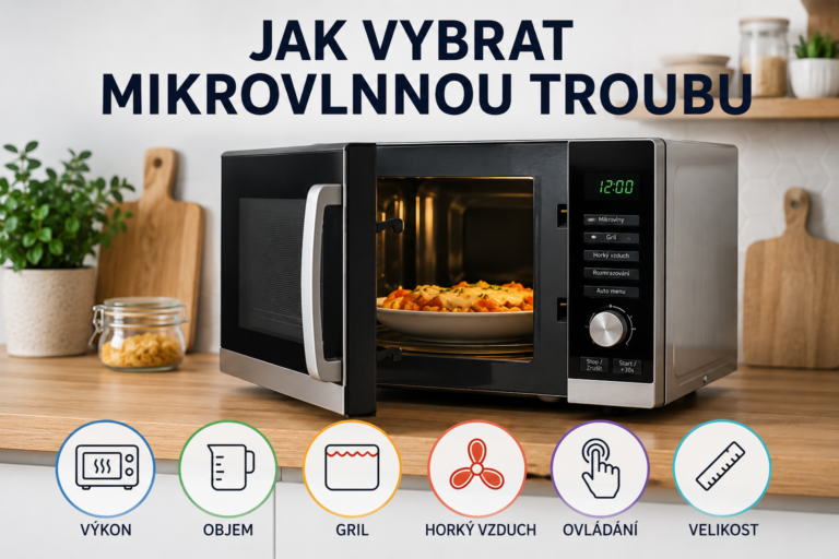 Mikrovlnná trouba s otevřenými dvířky v moderní kuchyni, znázorňující výběr podle výkonu, objemu, grilu, horkého vzduchu, ovládání a velikosti