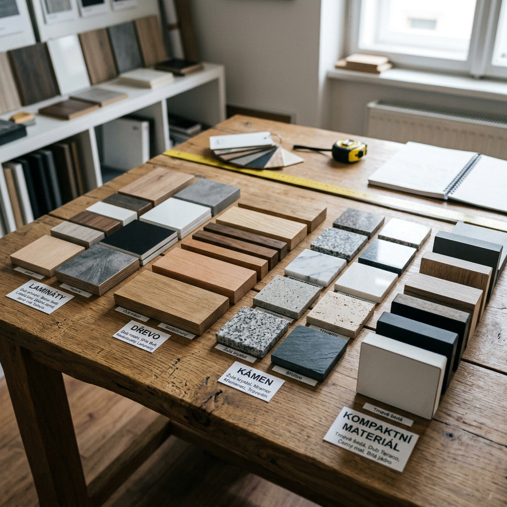 Vzorky materiálů pro pracovní desky včetně laminátu, dřeva, kamene a kompaktního materiálu