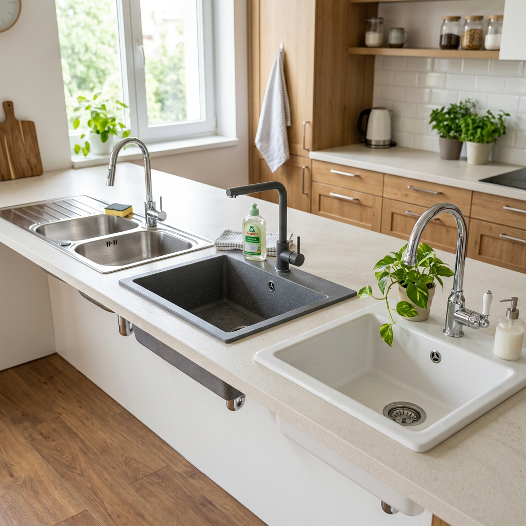 Modern kitchen with three sinks, plants, and wooden cabinetry