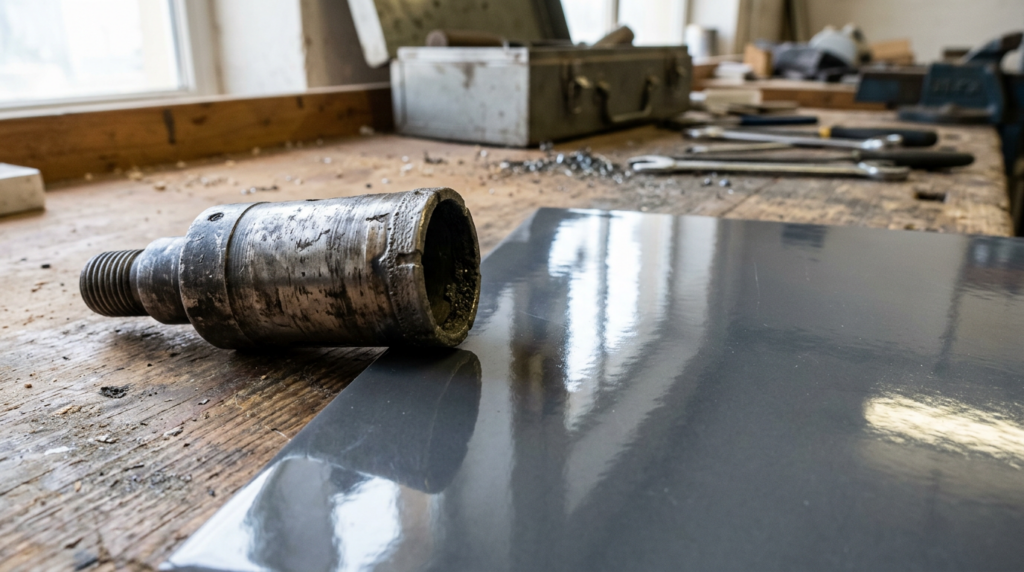 Worn cylindrical metal component on a workshop bench beside tools