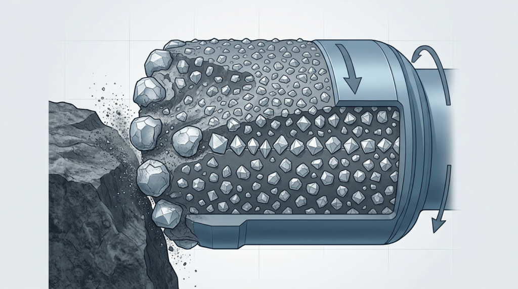 Diagram of a rotating drum crushing rock against a rock face