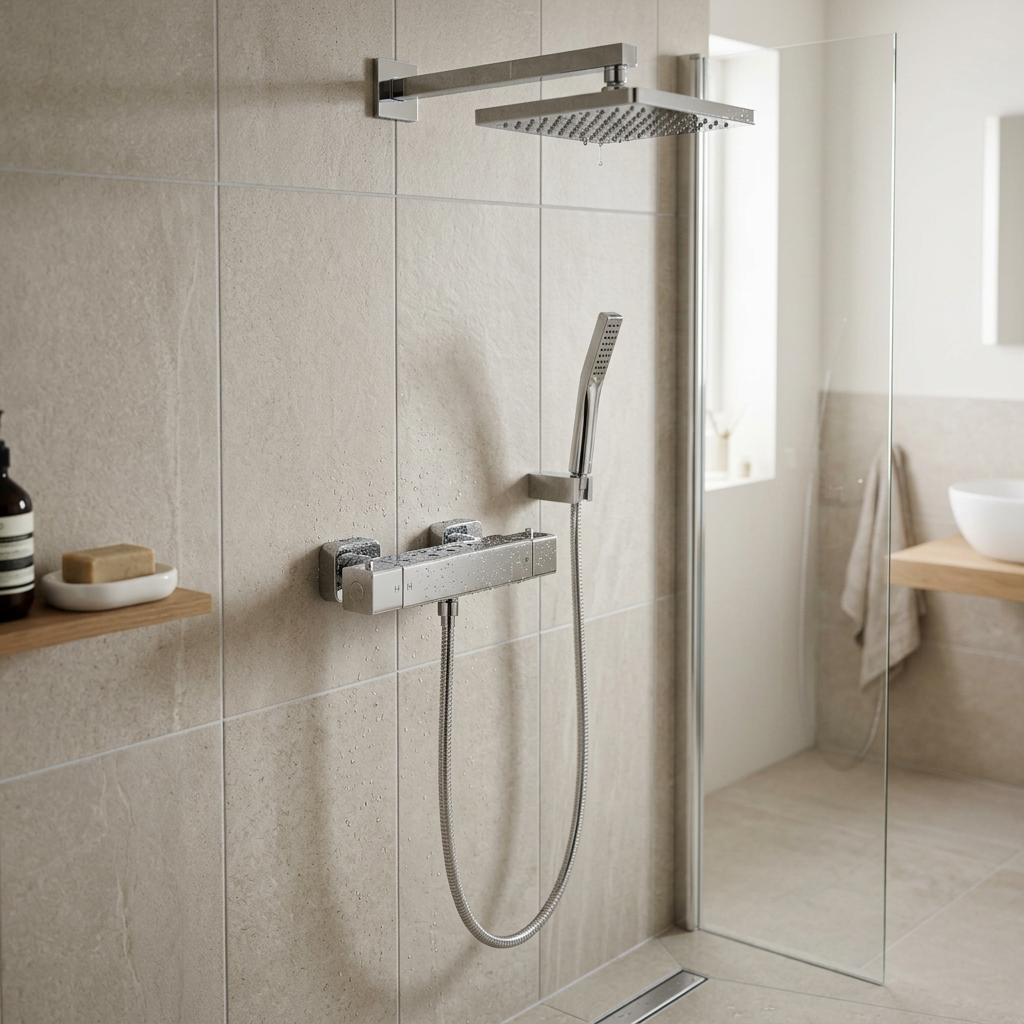 Modern glass-enclosed bathroom with rainfall and handheld showerheads