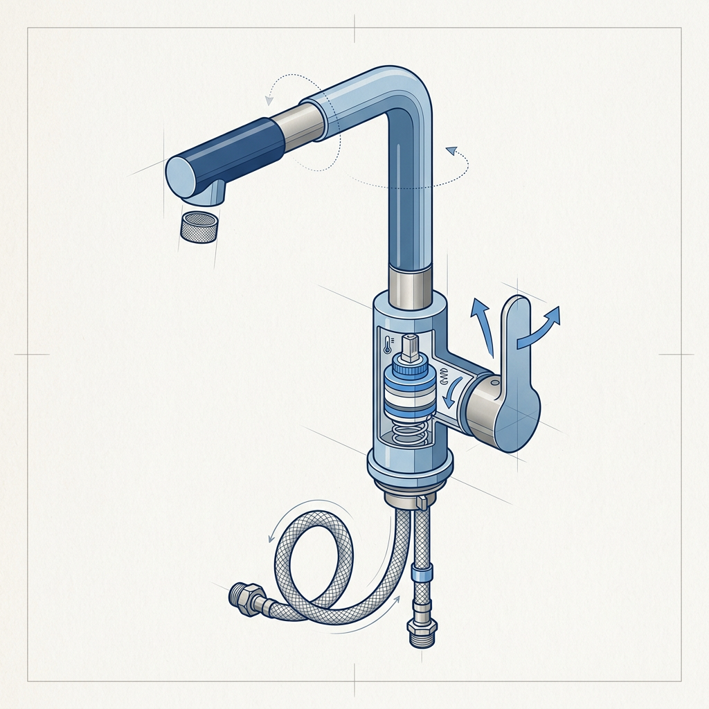 Cutaway faucet assembly with valve, hoses, spout, and directional arrows