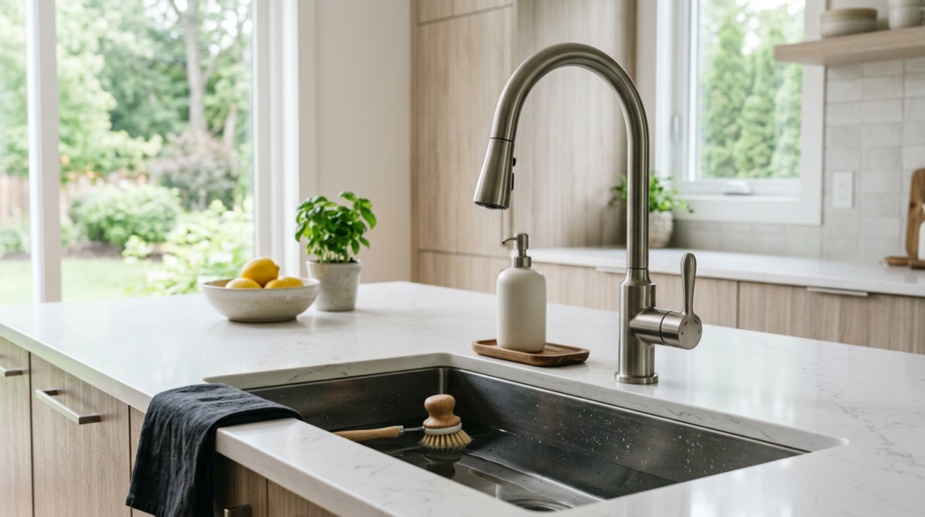 Modern kitchen sink with faucet, soap dispenser, brush, and folded towel