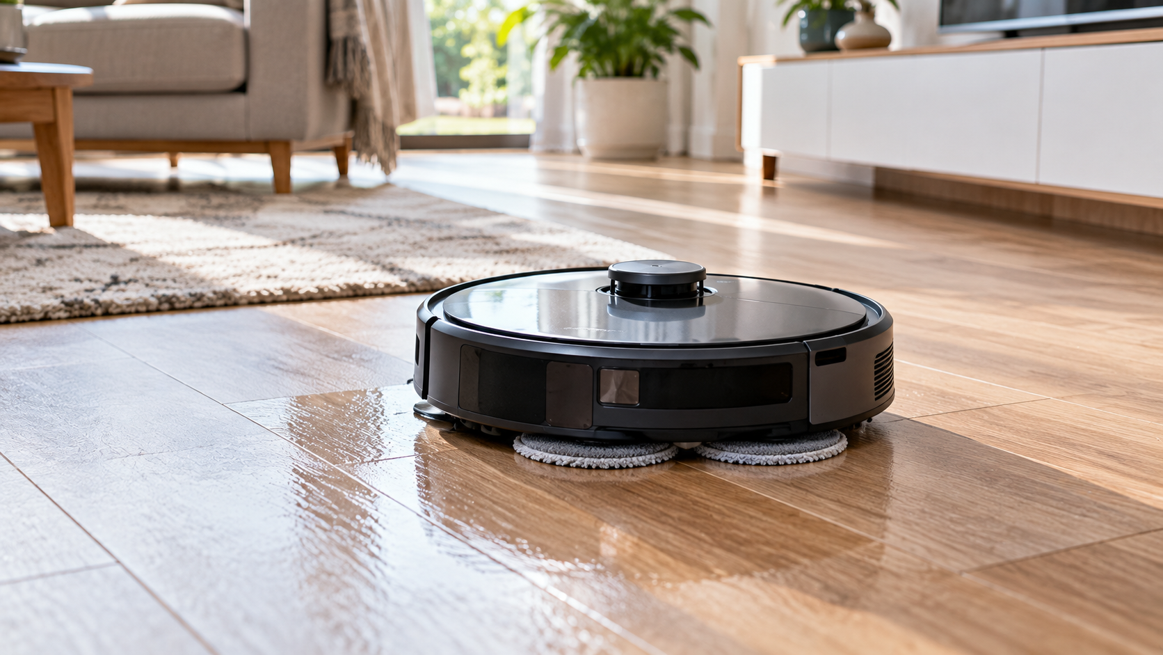 Robotický vysavač s mopem při úklidu podlahy